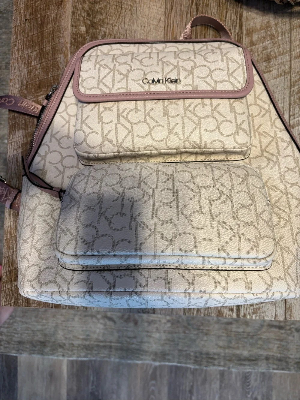 Calvin Klein Cream Canvas Backpack with Pink Trim